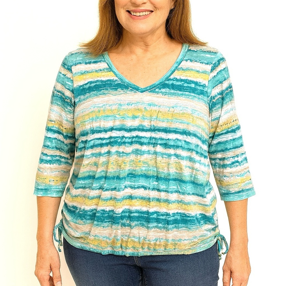 Caribbean Joe striped 3/4 sleeve top with side ties, Size L